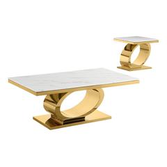 2pc White marble coffee table set with gold color base (1 Coffee+ 1 End table)