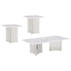 3pc White Marble Top Coffee Table Set 2 End Tables