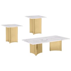 3pc White Marble Top Coffee Table Set 2 End Tables