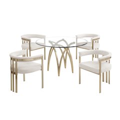 5Pc Round 48X48 Dining Set With 4 Cream Boucle Chairs
