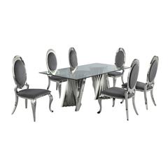 Classic 7pc Dining Set w/Uph Side Chair, Glass Table w/ Silver Spiral Base, Dark Grey