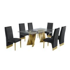 Classic 7pc Dining Set w/Pleated Side Chair, Glass Table w/ Gold Spiral Base, Black