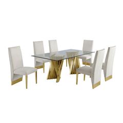Classic 7pc Dining Set w/Pleated Side Chair, Glass Table w/ Gold Spiral Base, Beige