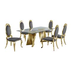 Classic 7pc Dining Set w/Uph Side Chair, Glass Table w/ Gold Spiral Base, Dark Grey