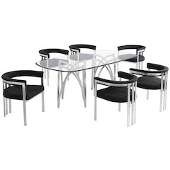 7Pc Tempered Glass Dining Table Set With 6 Black With Matte Silver Side Chairs