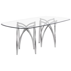 Small Clear Tempered Glass Dining Table Brushed Silver Matte Chrome-Plated Base
