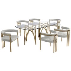7Pc Tempered Glass Dining Table Set With 6 Rich Gray With Matte Gold Side Chairs