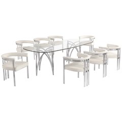 9Pc Tempered Glass Dining Table Set With 8 Cream With Matte Silver Side Chairs
