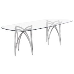 Large Clear Tempered Glass Dining Table Brushed Silver Matte Chrome-Plated Base