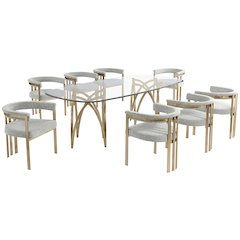 9Pc Tempered Glass Dining Table Set With 8 Rich Gray With Matte Gold Side Chairs
