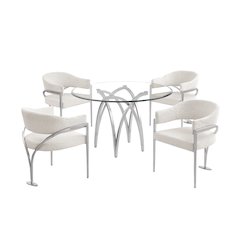 5Pc Round 48X48 Dining Set With 4 Cream Boucle Chairs