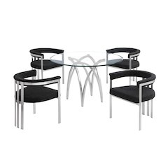 5Pc Round 48X48 Dining Set With 4 Black Boucle Chairs