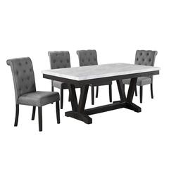 5pc Dining set, Faux Marble Wrap Table set with grey linen dining chairs