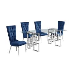 5-piece glam dining set with 4 navy blue chairs and a 79" long glass  table