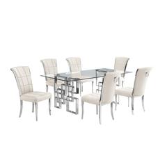 7-piece glam dining set with 6 cream chairs and a 79" long glass dinng table