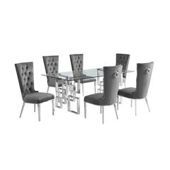 7-piece glam dining set with 6 dark grey chairs and a 79" long glass  table
