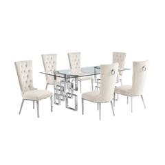 7-piece glam dining set with 6 cream chairs and a 79" long glass dinng table