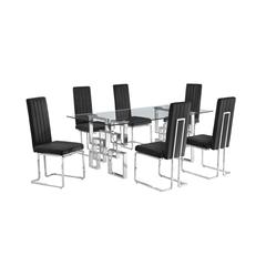 7-piece glam dining set with 6 Black side chairs and one 79" glass dining table