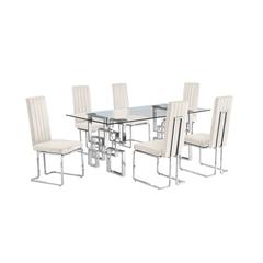 7-piece glam dining set with 6 Cream side chairs and one 79" glass dining table