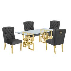 Classic 7 Piece Dining Set With Glass Table Top and Stainless Steel Legs with Ring Handle, Dark Grey