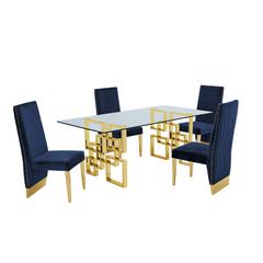 Classic 7 Piece Dining Set With Glass Table Top and Stainless Steel Legs w/Pleated Chairs, Navy Blue