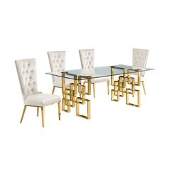 5-piece glam dining set with 4 cream side chiars and a 79" long glass  table
