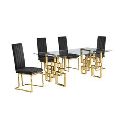 5-piece glam dining set with 4 Black chairs and one 79" glass  table