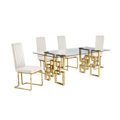 5-piece glam dining set with 4 cream chairs and one 79" glass  table