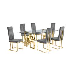 7-piece glam dining set with 6 dark grey chairs and one 79" glass  table