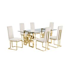 7-piece glam dining set with 6 Cream chairs and one 79" glass  table
