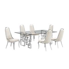 7-piece glam dining set with 6 Cream side chairs and one 95" glass dining table