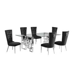 7-piece glam dining set with 6 black chairs and a 95" long glass  table