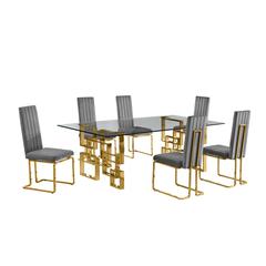7-piece glam dining set with 6 Dark grey chairs and one 95" glass  table