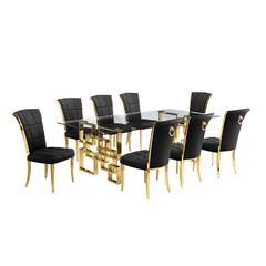 9-piece glam dining set with 8 black chairs and a 95" long glass  table