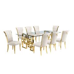 9-piece glam dining set with 8 cream chairs and a 95" long glass  table