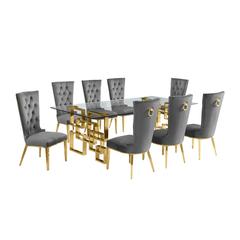 9-piece glam dining set with 8 dark grey chairs and a 95" long glass  table