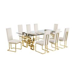 9-piece glam dining set with 8 Cream chairs and one 95" glass  table