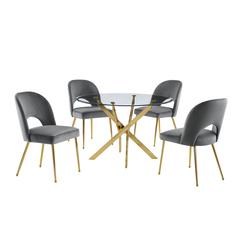 5pc dining Set- Round, tempered glass dining table with 4 Dark grey velvet chairs