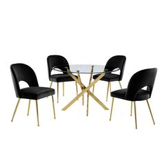 5pc dining Set- Round, tempered glass dining table with 4 Black velvet chairs