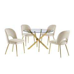 5pc dining Set- Round, tempered glass dining table with 4 Cream velvet chairs