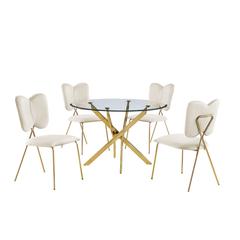 5pc dining Set- Round tempered glass dining table with 4 Cream velvet chairs