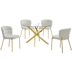 Round Tempered Glass Dining Table With 4 Cream Side Chairs