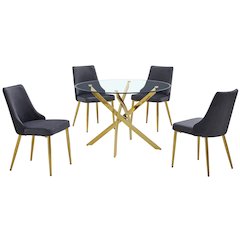 5Pc Round Tempered Glass Dining Table With 4 Dark Gray Side Chairs
