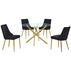 5Pc Round Tempered Glass Dining Table With 4 Black Side Chairs