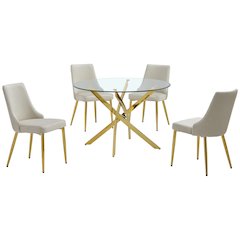 5Pc Round Tempered Glass Dining Table With 4 Cream Side Chairs