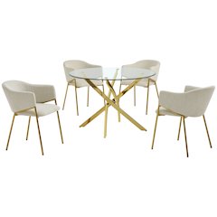 5Pc Round Glass Dining Table With 4 Beige Side Chairs