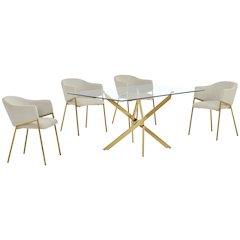 5Pc Rectangle Glass Dining Table With 4 Beige Side Chairs