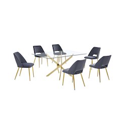 7Pc Modern Dining Set- Rectangle Table With Dark Grey Velvet Chairs
