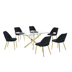 7pc dining Set- Rectangle - table with Black Velvet Chairs