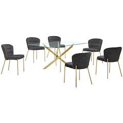 Rectangle Tempered Glass Dining Table With 6 Dark Grey Side Chairs